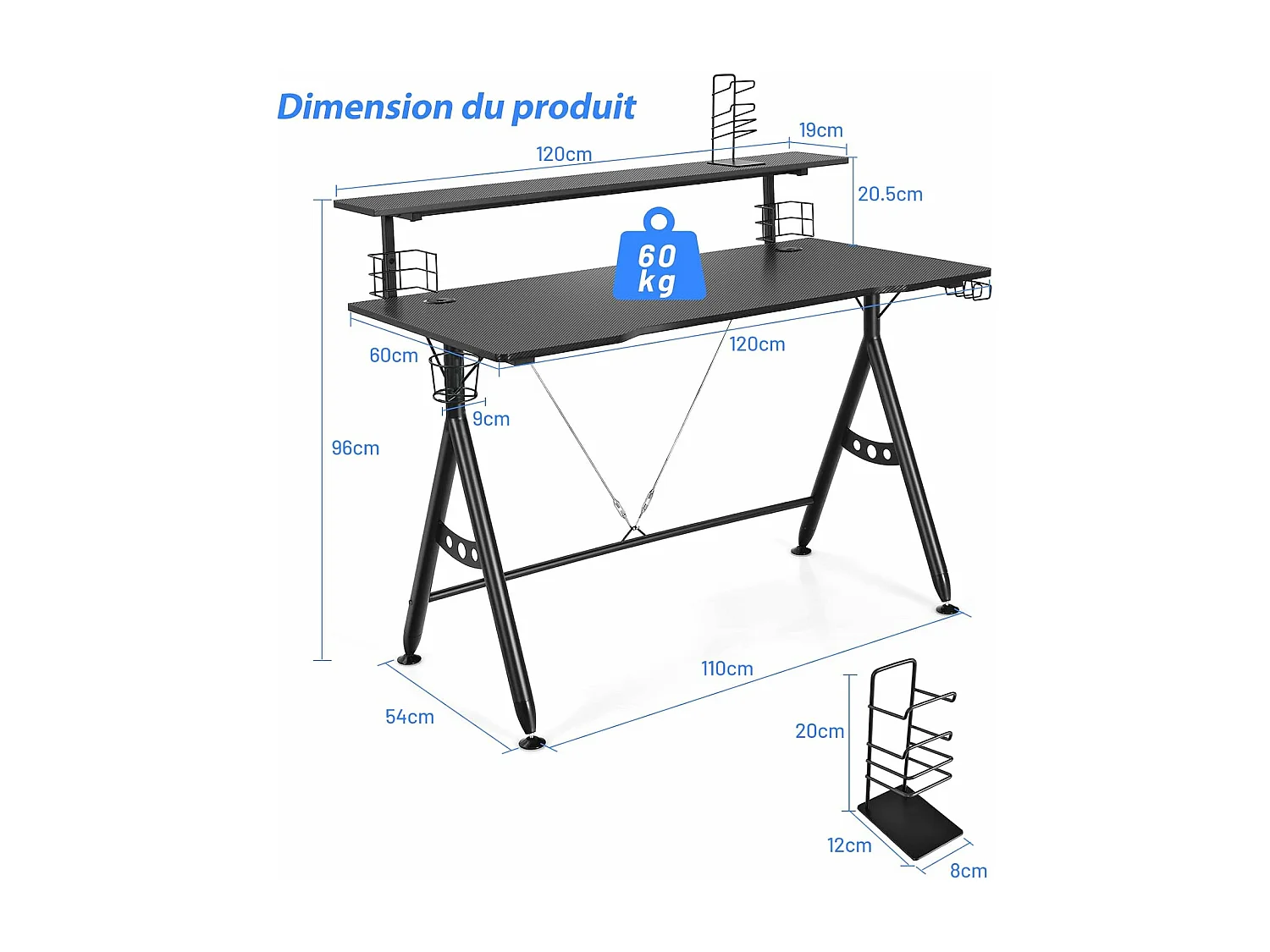 Bureau de Gamer 120 cm en Forme de Y, avec Étagère pour Écran, Porte-manettes, Porte-gobelet et Crochet pour Casque, Noir