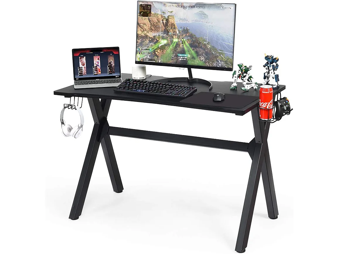 Bureau Gaming pour Gamer 120 x 60 x 76 CM Table Ergonomique avec Porte-Gobelet, Crochet pour Casque et Tapis de Souris