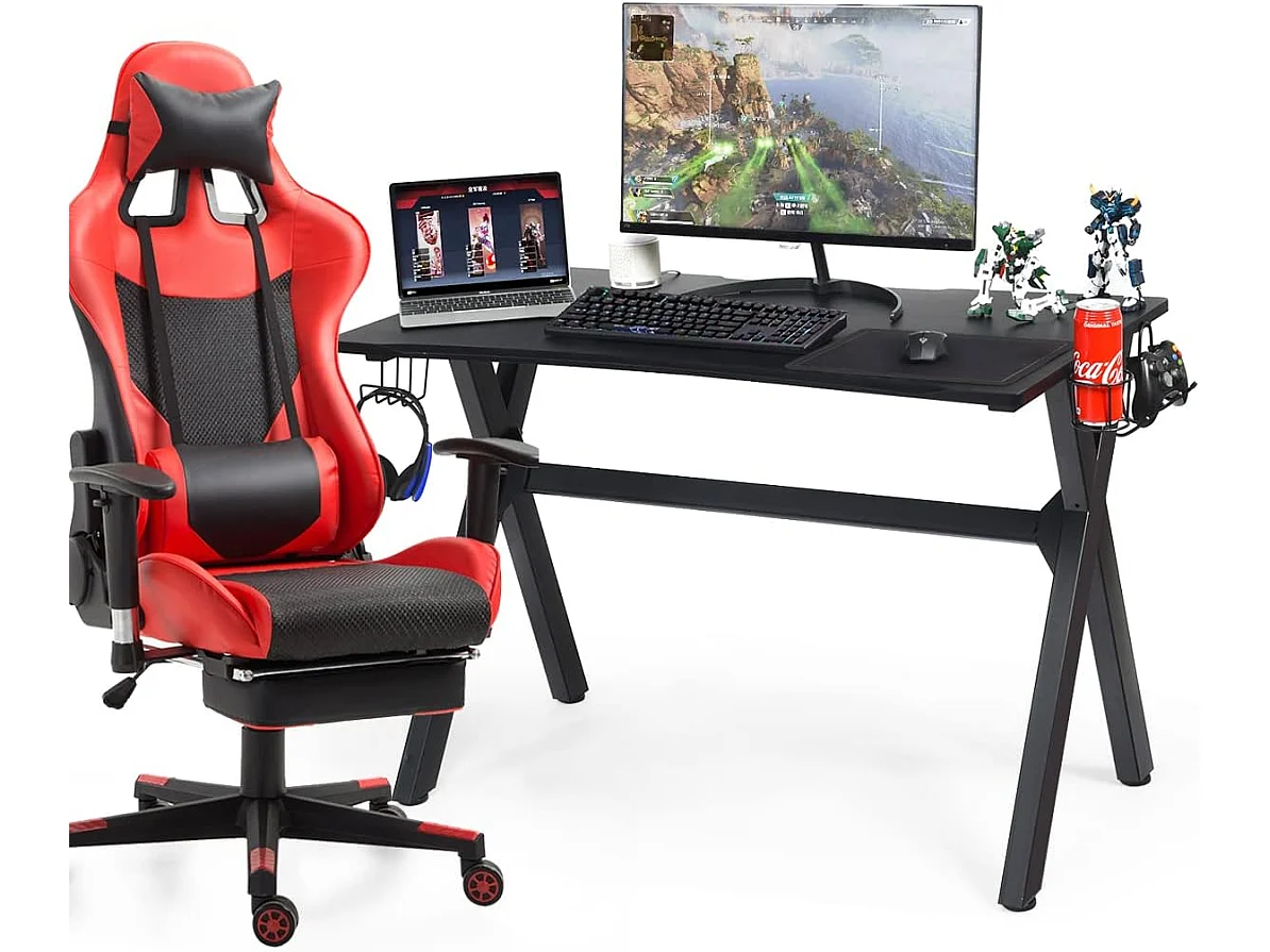 Bureau Gaming pour Gamer 120 x 60 x 76 CM Table Ergonomique avec Porte-Gobelet, Crochet pour Casque et Tapis de Souris