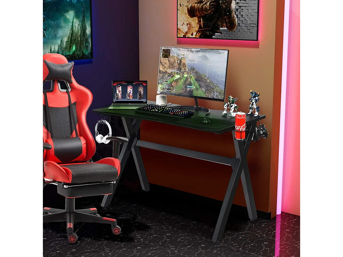 Bureau Gaming pour Gamer 120 x 60 x 76 CM Table Ergonomique avec Porte-Gobelet, Crochet pour Casque et Tapis de Souris