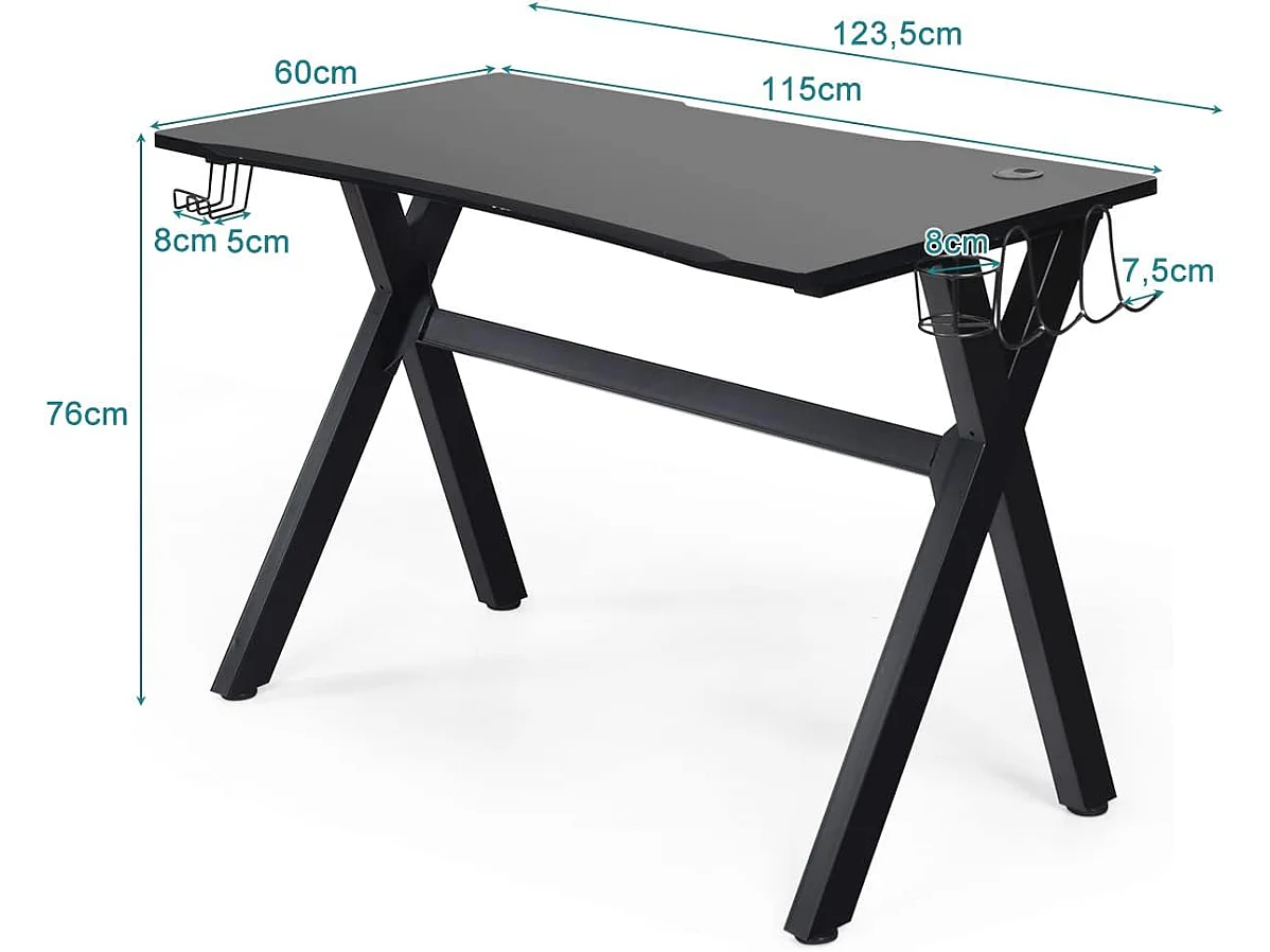 Bureau Gaming pour Gamer 120 x 60 x 76 CM Table Ergonomique avec Porte-Gobelet, Crochet pour Casque et Tapis de Souris
