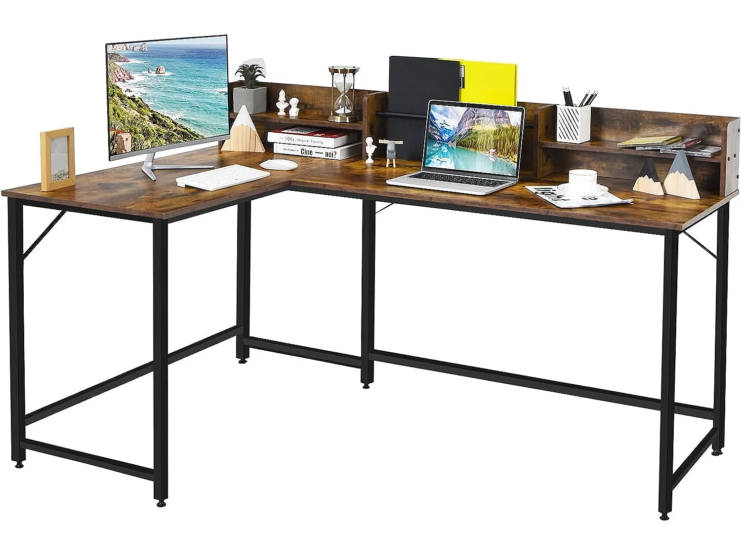 Table de Bureau en Forme de L en Acier Robuste Charge 100KG, Table d'Ordinateur avec Étagères Patins de Pieds Réglables Design Peu Encombrant, 166x110x96CM, Café