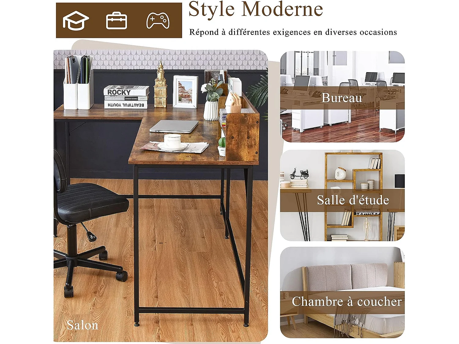 Table de Bureau en Forme de L en Acier Robuste Charge 100KG, Table d'Ordinateur avec Étagères Patins de Pieds Réglables Design Peu Encombrant, 166x110x96CM, Café