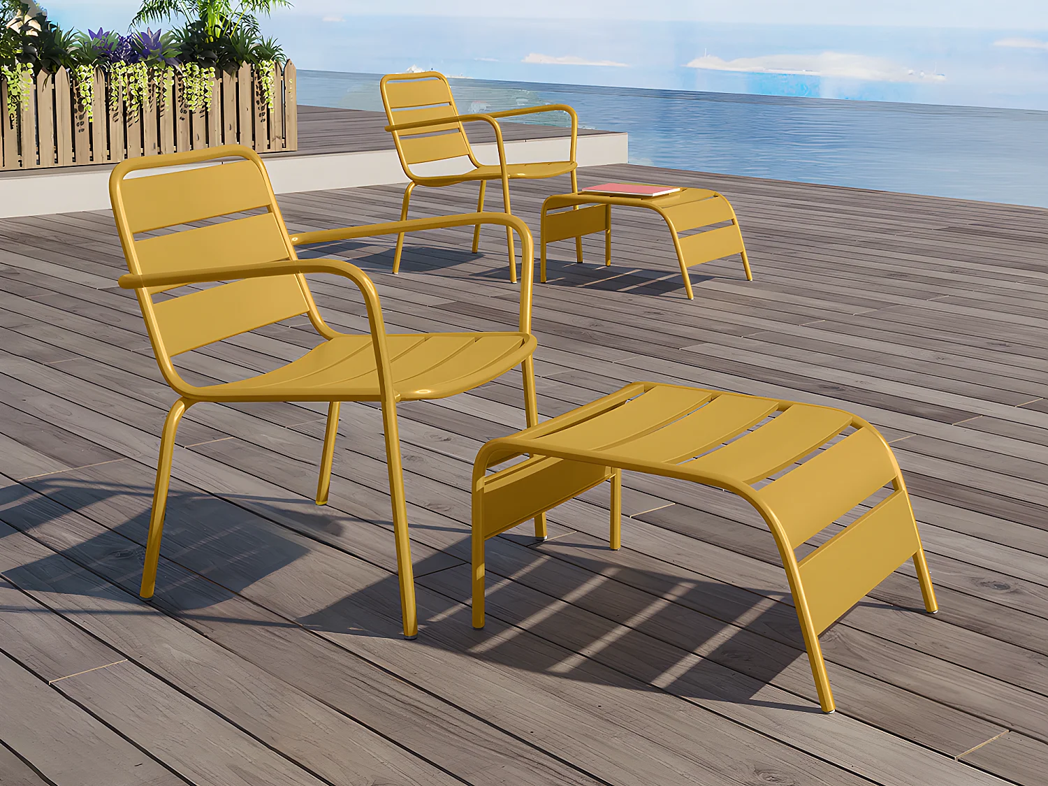 Fauteuil bas de jardin empilable + repose pied en métal - Jaune moutarde - MIRMANDE de MYLIA