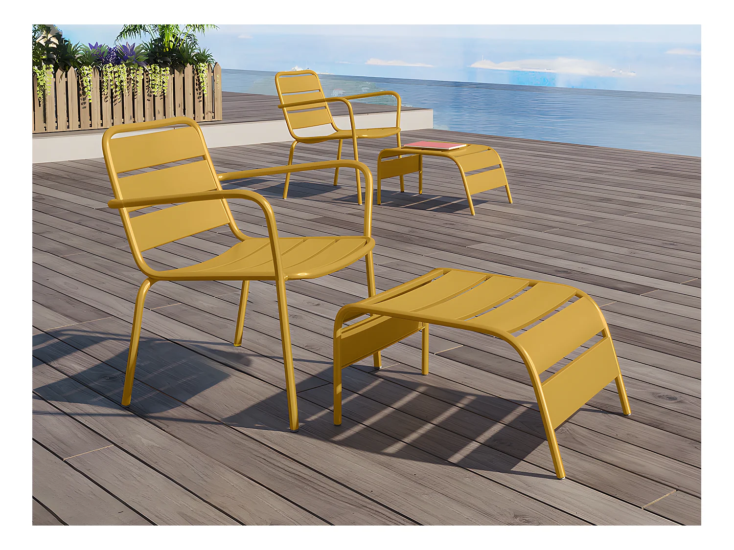 Fauteuil bas de jardin empilable + repose pied en métal - Jaune moutarde - MIRMANDE de MYLIA