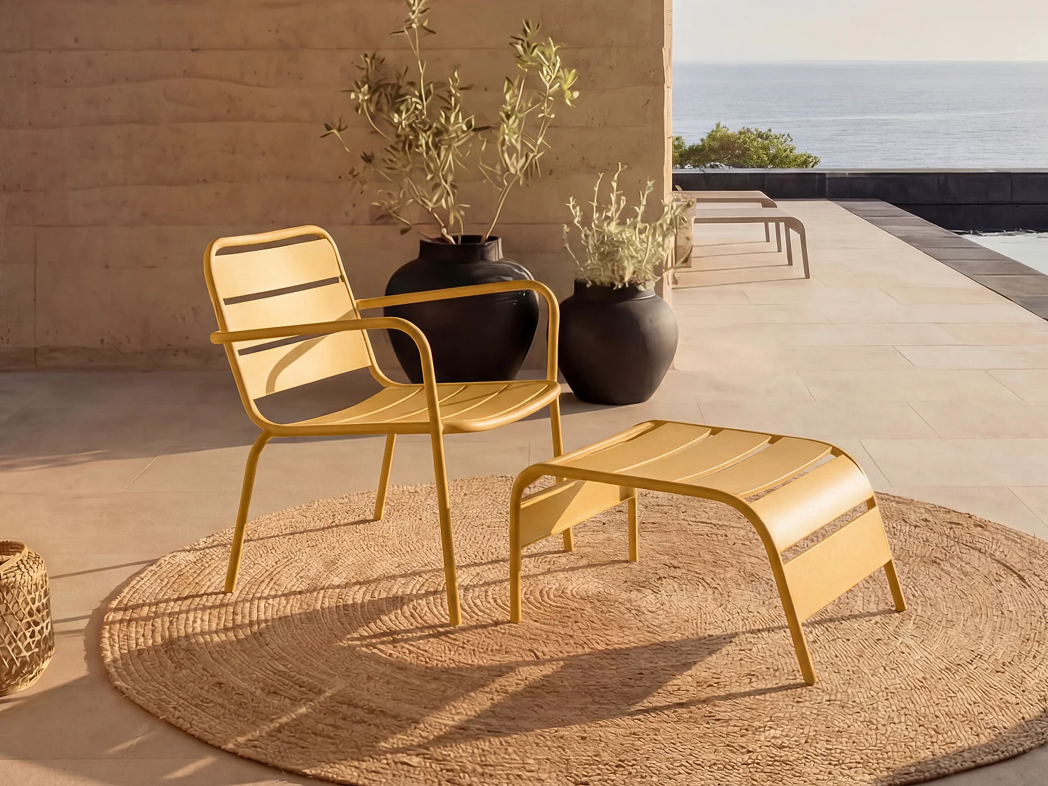 Low stacking metal garden armchair + metal foot-rest - Mustard yellow - MIRMANDE by MYLIA