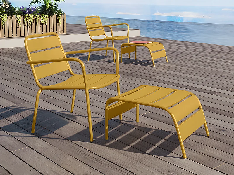 Fauteuil bas de jardin empilable + repose pied en métal - Jaune moutarde - MIRMANDE de MYLIA
