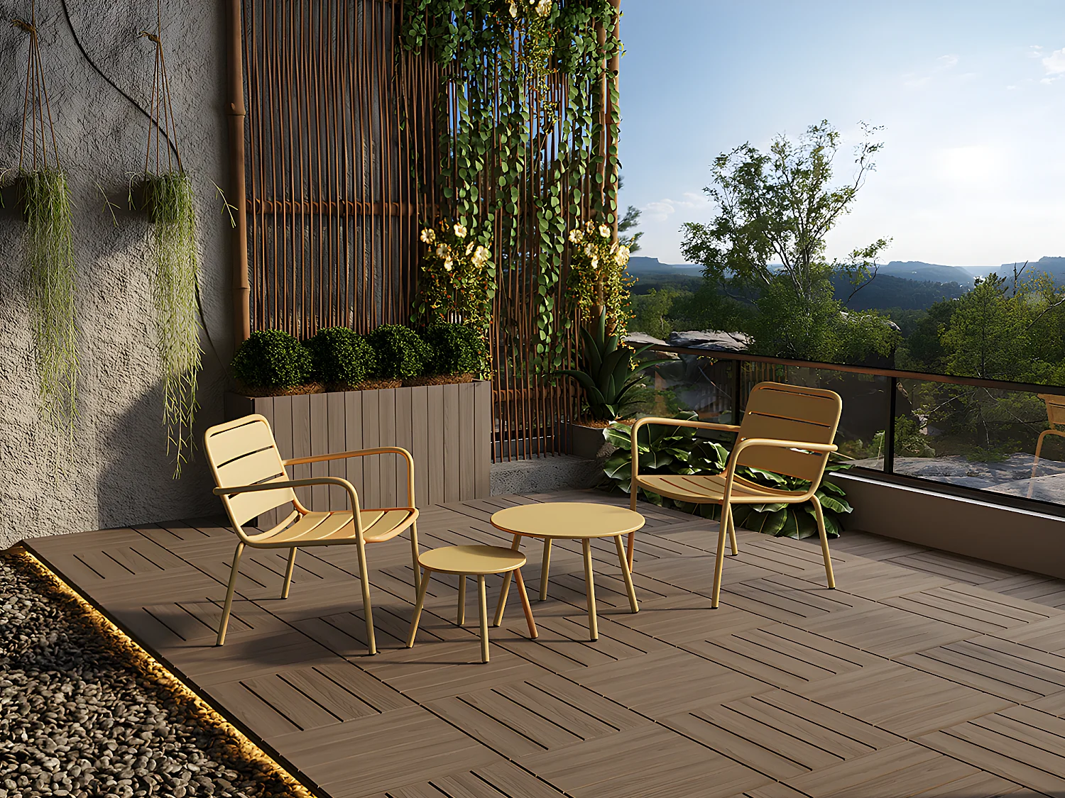 Tuinzithoek van metaal - 2 lage opstapelbare fauteuils en uitschuiftafels - Mosterdgeel - MIRMANDE van MYLIA