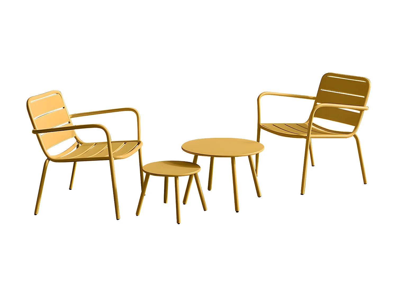 Tuinzithoek van metaal - 2 lage opstapelbare fauteuils en uitschuiftafels - Mosterdgeel - MIRMANDE van MYLIA