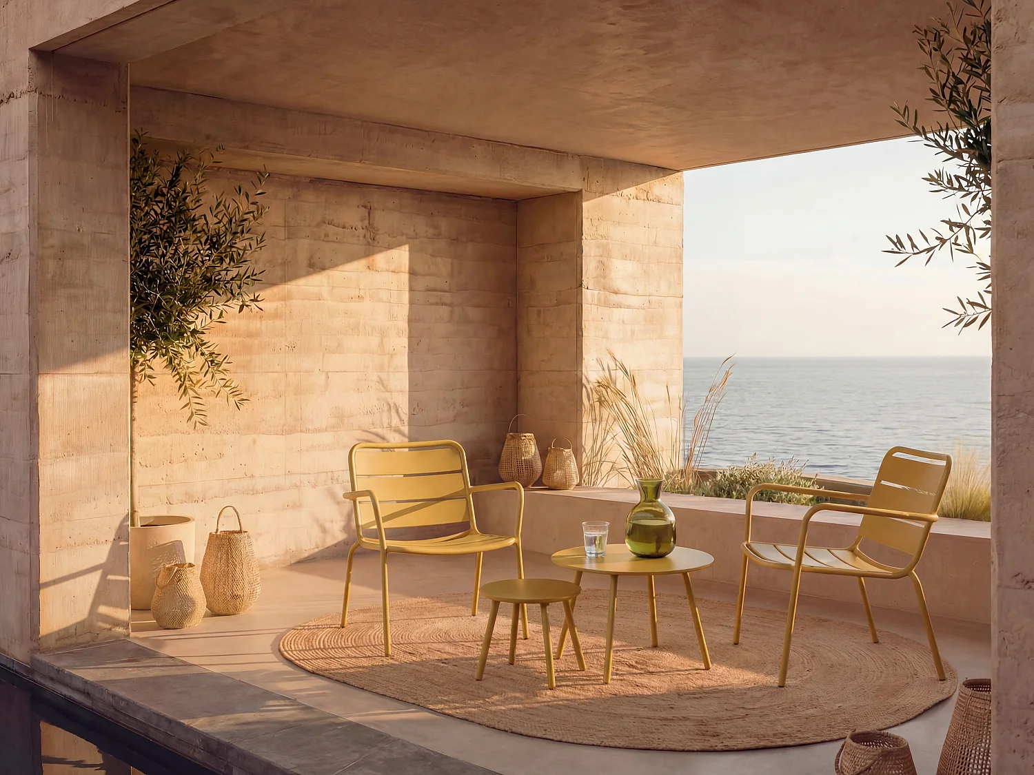 Metal garden furniture - 2 low stacking garden armchairs and nesting tables - Mustard yellow - MIRMANDE by MYLIA