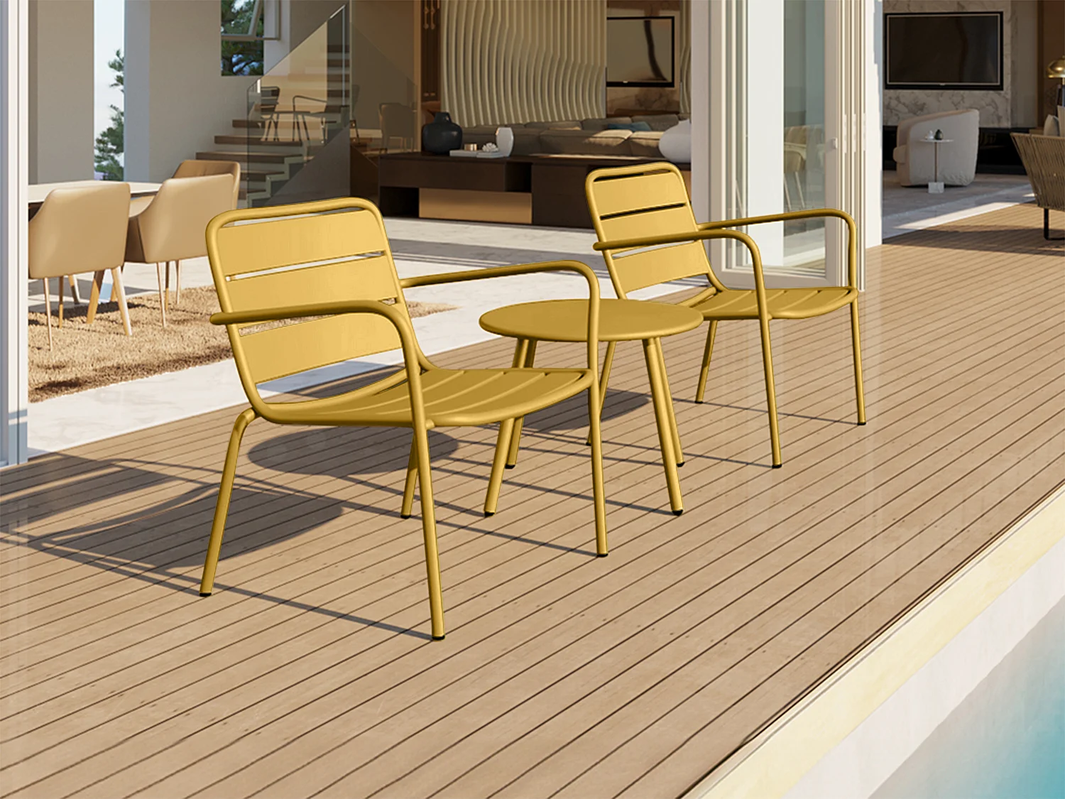 Metallhagehagemøbler - 2 stablerbare lave stoler og et rundt sidebord - Sennepsgul - MIRMANDE fra MYLIA