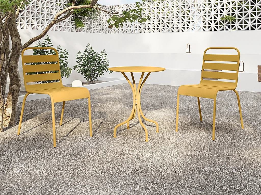 Salle à manger de jardin en métal - une table D.60cm et 2 chaises empilables - Jaune moutarde - MIRMANDE de MYLIA
