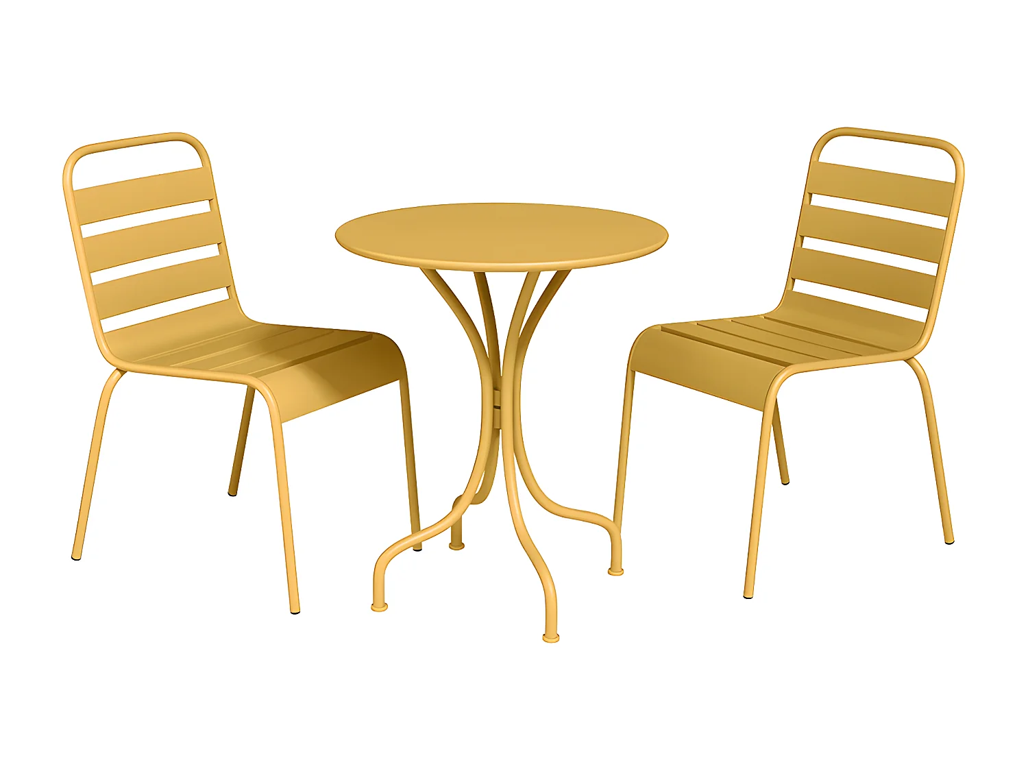 Salle à manger de jardin en métal - une table D.60cm et 2 chaises empilables - Jaune moutarde - MIRMANDE de MYLIA