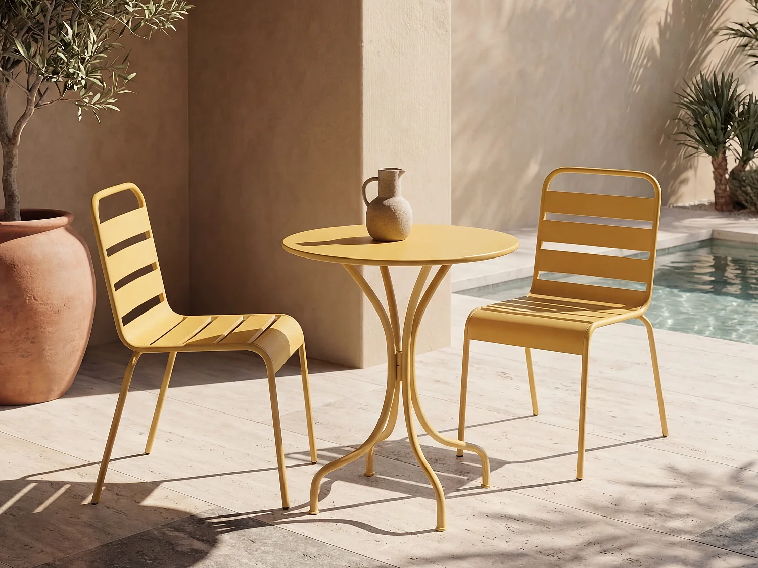 Salle à manger de jardin en métal - une table D.60cm et 2 chaises empilables - Jaune moutarde - MIRMANDE de MYLIA