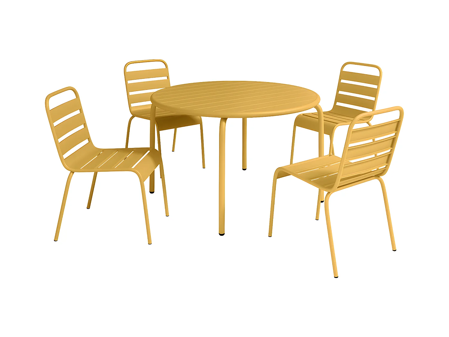 Tuineethoek van metaal - Een tafel D110 cm en 4 opstapelbare stoelen - Mosterdgeel - MIRMANDE van MYLIA