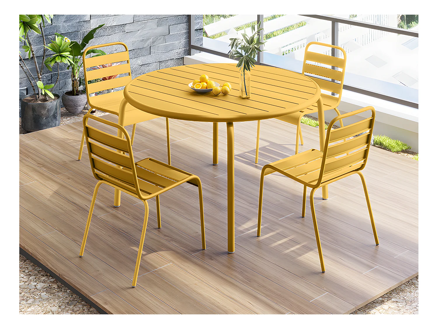 Garten-Essgruppe: Tisch D. 110 cm + 4 stapelbare Stühle - Metall - Senfgelb - MIRMANDE von MYLIA
