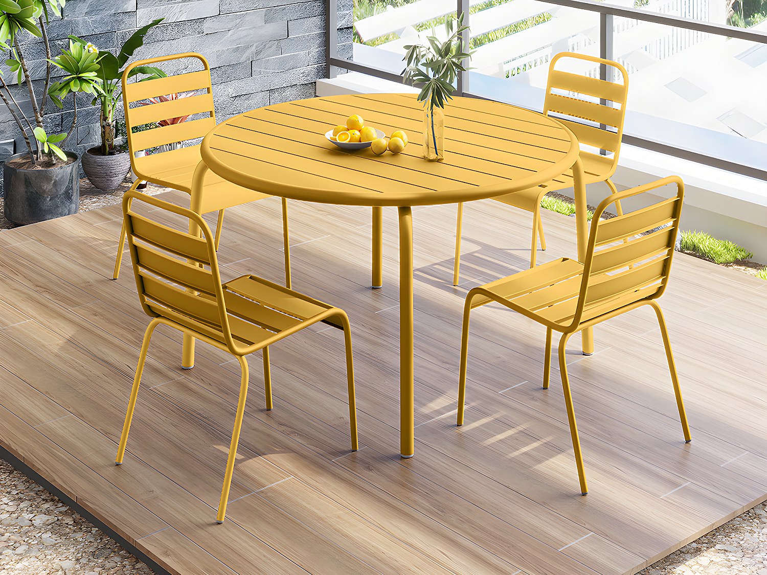 Vente-unique Garten-Essgruppe, Tisch D. 110 Cm + 4 Stapelbare Stühle - Metall - Senfgelb - Mirmande Von Mylia
