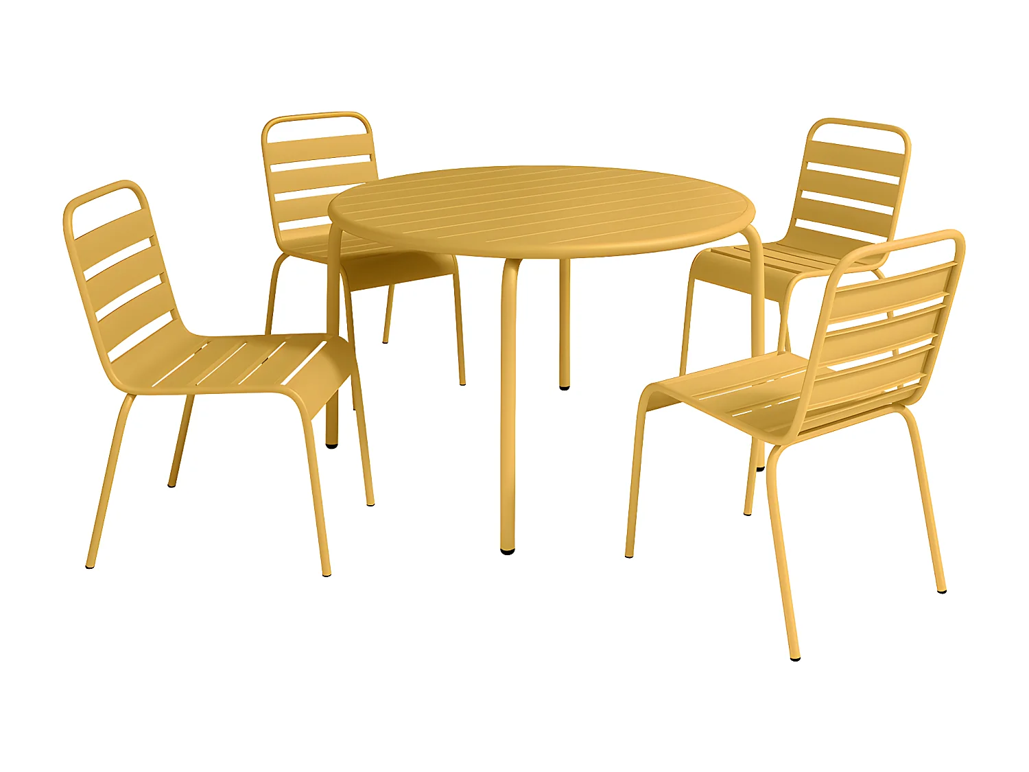 Garten-Essgruppe: Tisch D. 110 cm + 4 stapelbare Stühle - Metall - Senfgelb - MIRMANDE von MYLIA