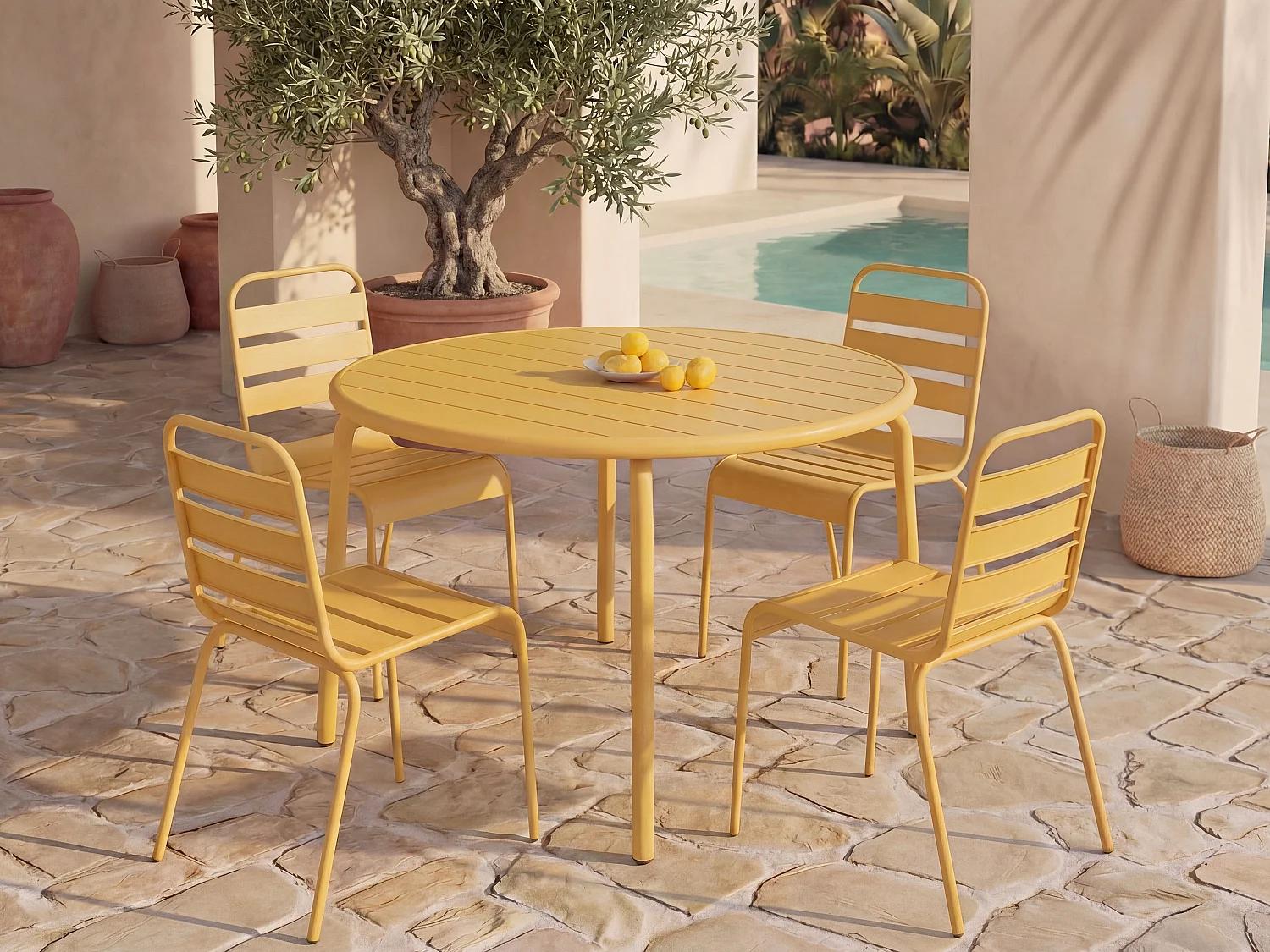 Salle à manger de jardin en métal - une table D.110 cm et 4 chaises empilables - Jaune moutarde - MIRMANDE de MYLIA