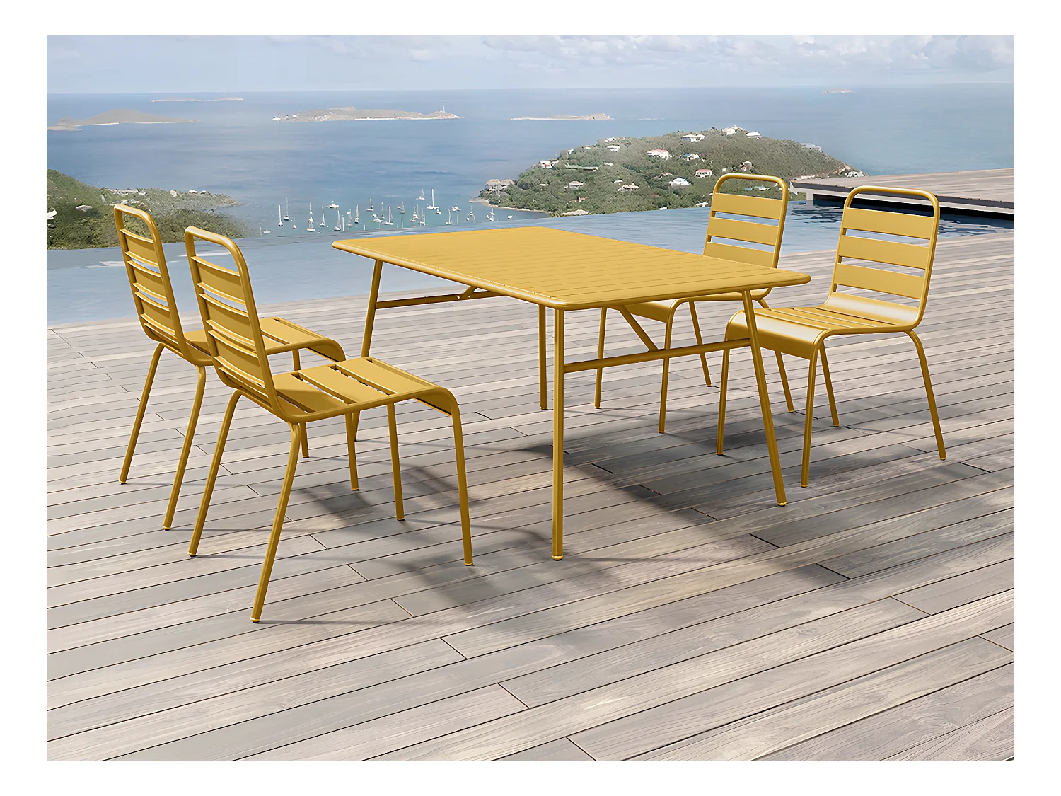 Tuineethoek van metaal - Een tafel D160 cm en 4 opstapelbare stoelen - Mosterdgeel - MIRMANDE van MYLIA