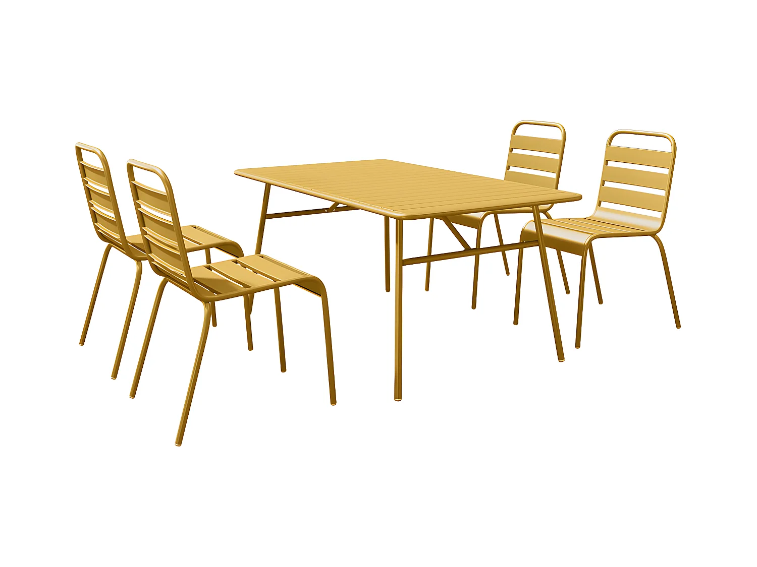 Salle à manger de jardin en métal - une table L.160 cm et 4 chaises empilables - Jaune moutarde - MIRMANDE de MYLIA