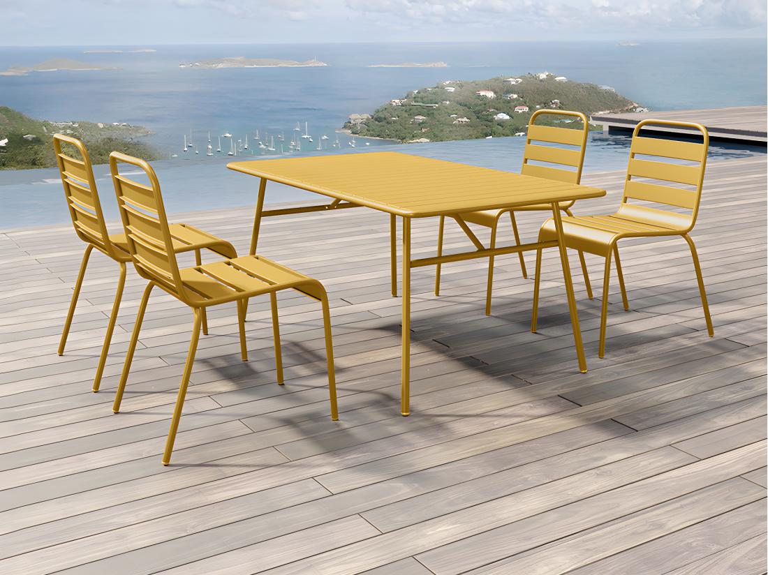 vente unique Salle à manger de jardin en métal - une table L.160 cm et 4 chaises empilables - Jaune moutarde - MIRMANDE de MYLIA