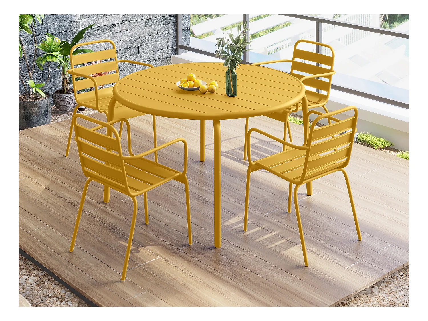 Salle à manger de jardin en métal - une table D.110 cm et 4 fauteuils empilables - Jaune moutarde - MIRMANDE de MYLIA