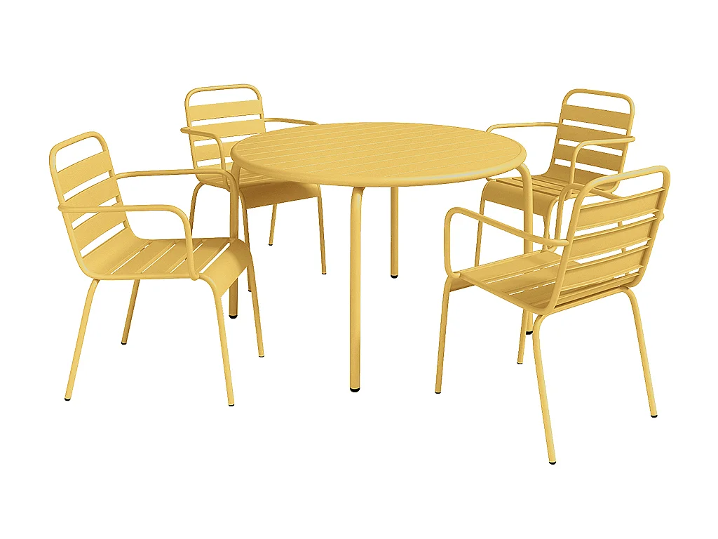 Tuineethoek van metaal - Een tafel D110 cm en 4 opstapelbare stoelen - Mosterdgeel - MIRMANDE van MYLIA