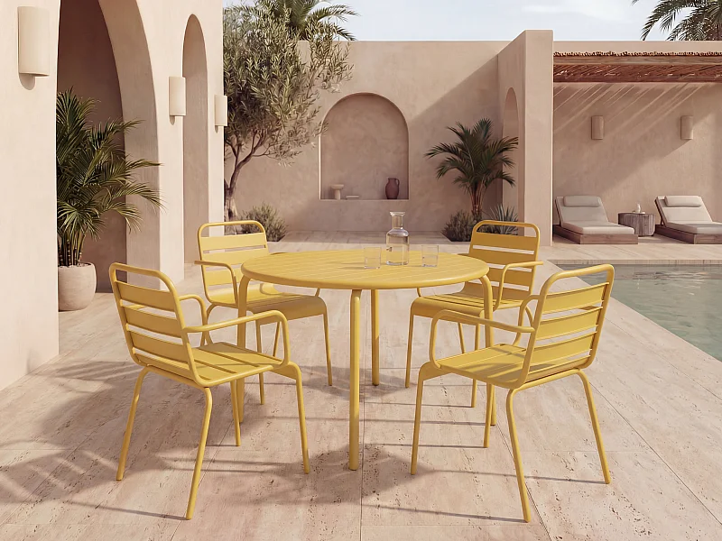 Mesa y sillas de jardín de metal - Mesa D.110cm y 4 sillas apilables - Amarillo mostaza - MIRMANDE de MYLIA