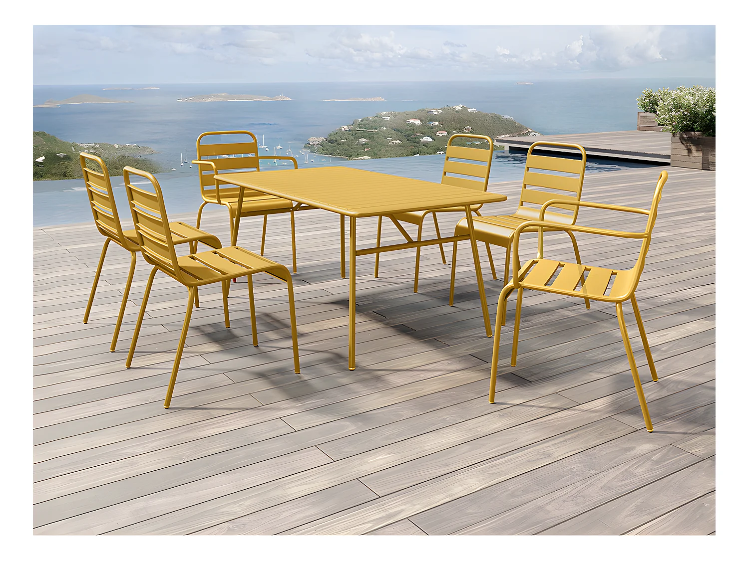Garten-Essgruppe: Tisch L. 160 cm + 2 stapelbare Sessel + 4 stapelbare Stühle - Metall - Senfgelb - MIRMANDE von MYLIA