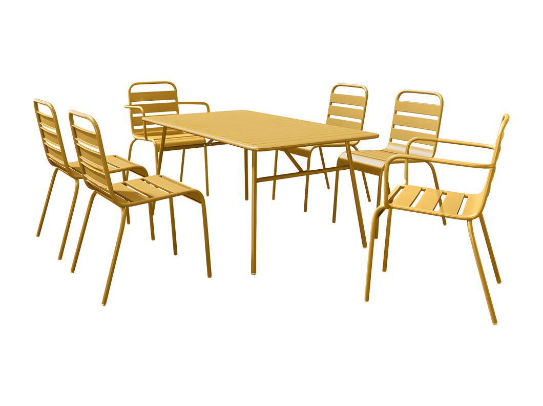 Garten-Essgruppe: Tisch L. 160 cm + 2 stapelbare Sessel + 4 stapelbare Stühle - Metall - Senfgelb - MIRMANDE von MYLIA