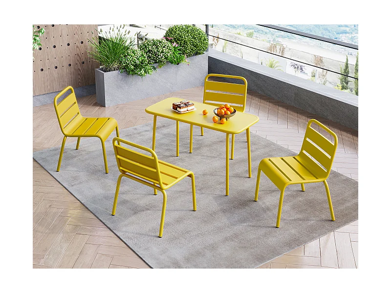 Garten-Essgruppe für Kinder: Tisch + 4 stapelbare Stühle - Metall - Senfgelb - POPAYAN von MYLIA