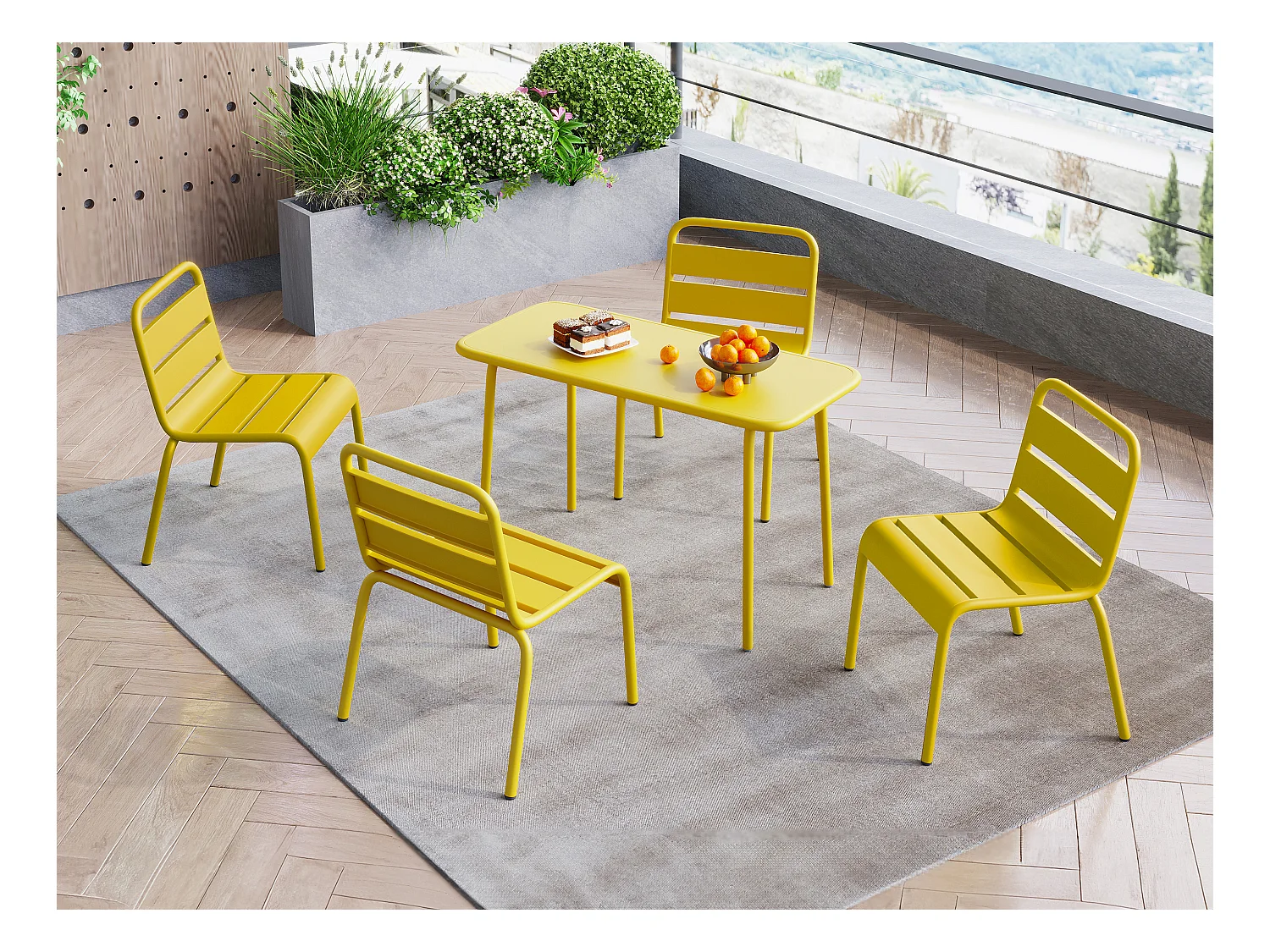 Tuineethoek van metaal voor kinderen van metaal - Een tafel en 4 opstapelbare stoelen - Mosterdgeel - POPAYAN van MYLIA