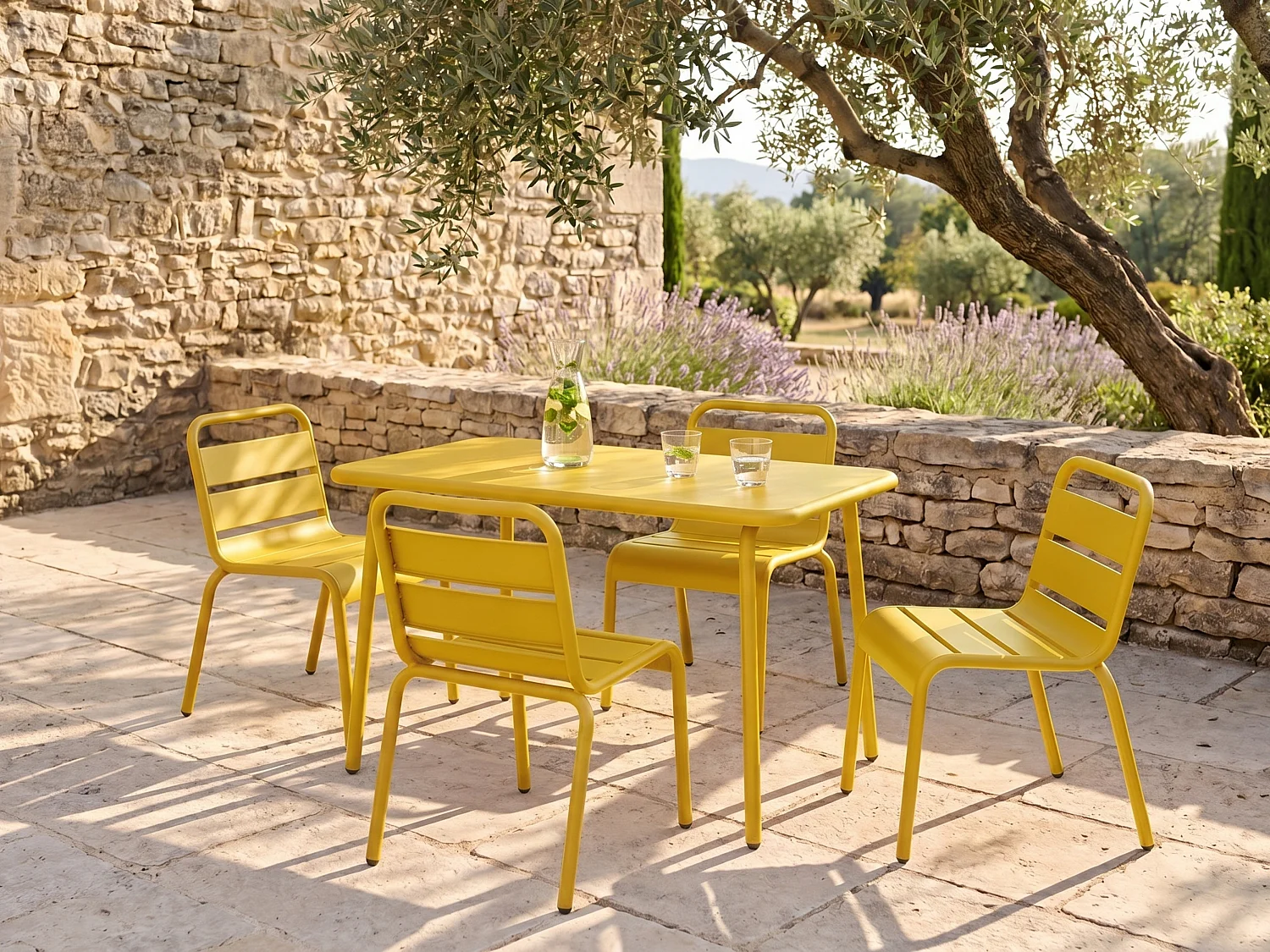 Children's metal garden dining set - one table and 4 stackable chairs - Mustard yellow - POPAYAN by MYLIA