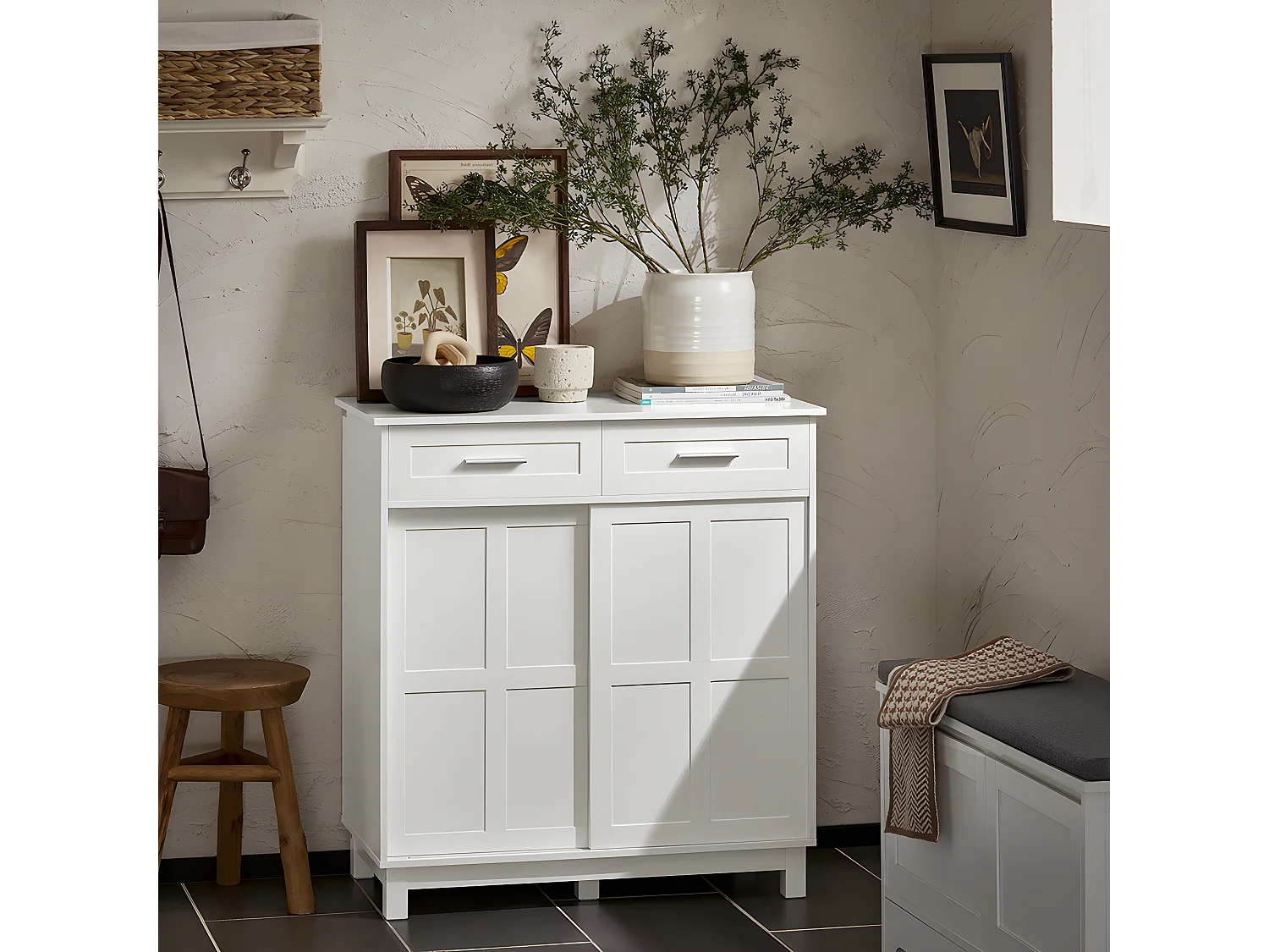 SoBuy FSB84-W Meuble de Rangement Meuble d’entrée Meuble à Chaussures Armoire Multi-rangements avec 2 Tiroirs et 2 Portes Coulissantes