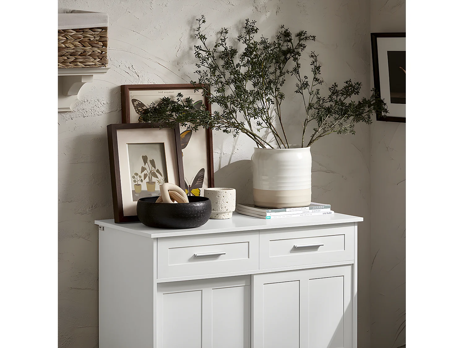 SoBuy FSB84-W Meuble de Rangement Meuble d’entrée Meuble à Chaussures Armoire Multi-rangements avec 2 Tiroirs et 2 Portes Coulissantes