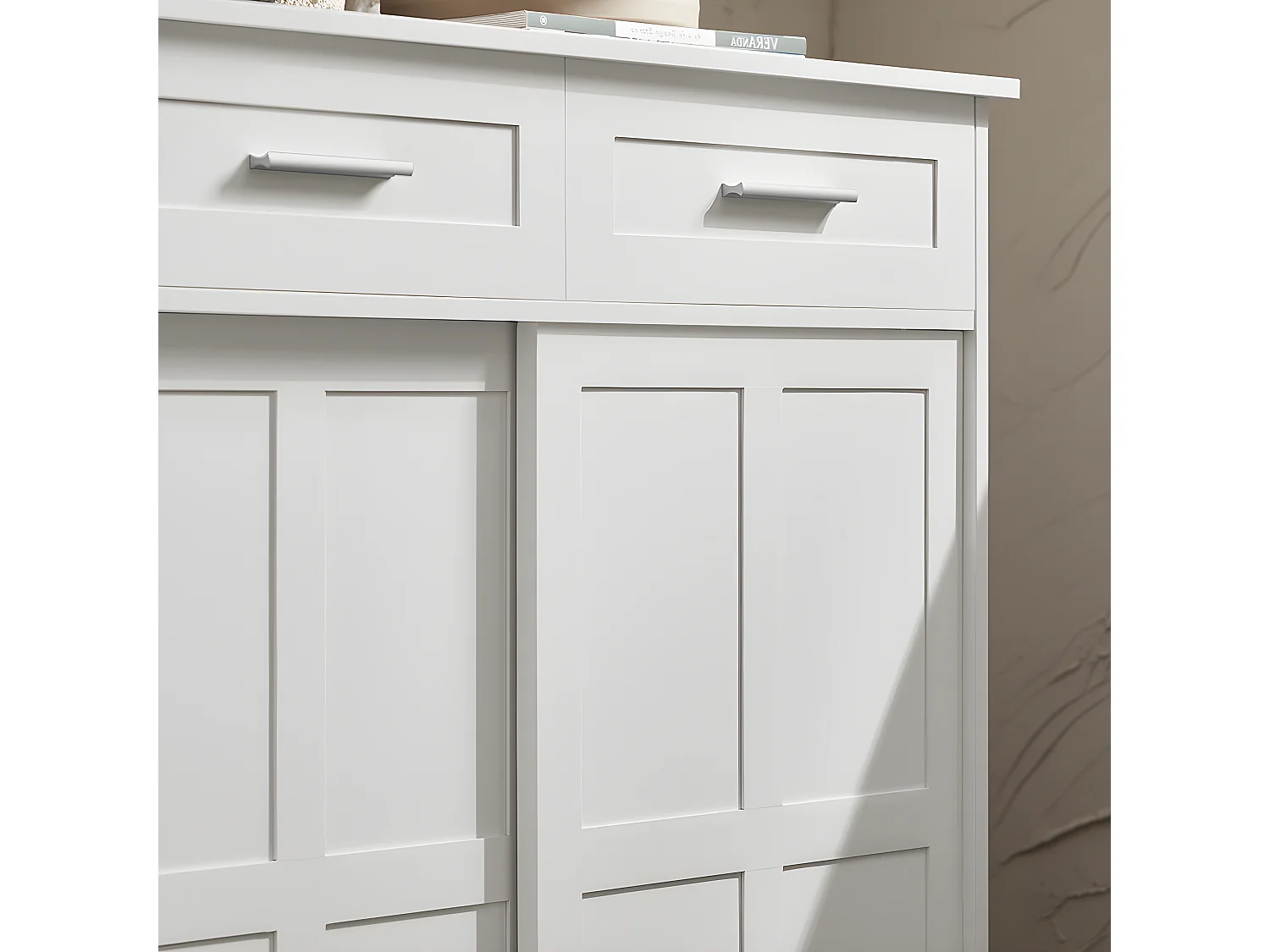 SoBuy FSB84-W Meuble de Rangement Meuble d’entrée Meuble à Chaussures Armoire Multi-rangements avec 2 Tiroirs et 2 Portes Coulissantes