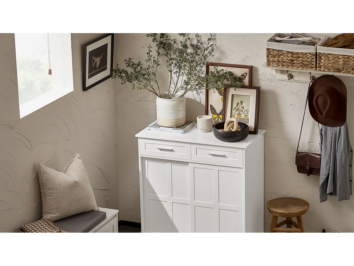 SoBuy FSB84-W Meuble de Rangement Meuble d’entrée Meuble à Chaussures Armoire Multi-rangements avec 2 Tiroirs et 2 Portes Coulissantes