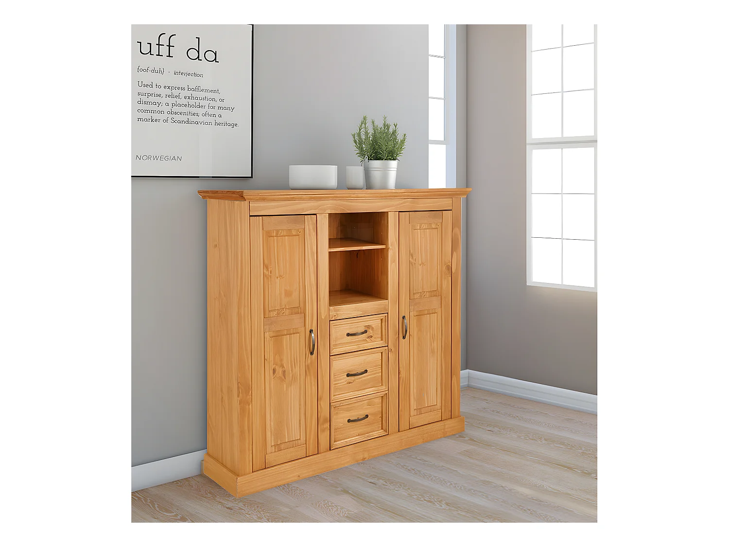 Selma|Armoire avec 2 portes vitrées et 3 tiroirs en pin naturel