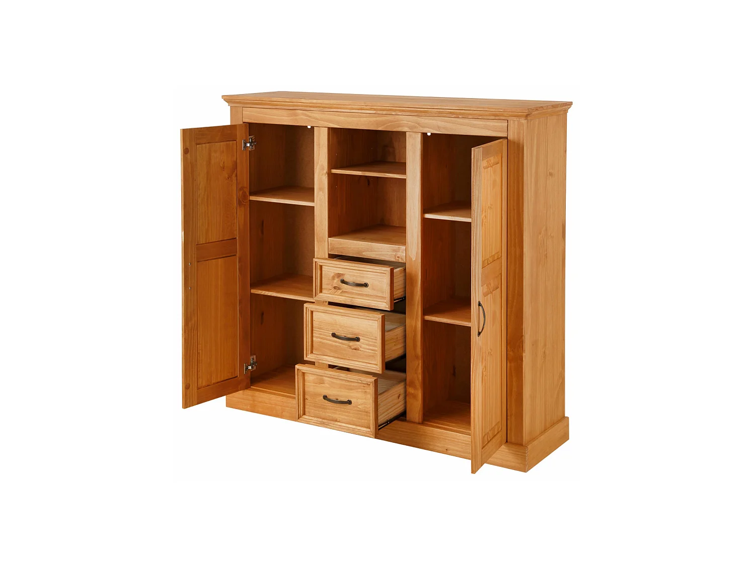 Selma|Armoire avec 2 portes vitrées et 3 tiroirs en pin naturel