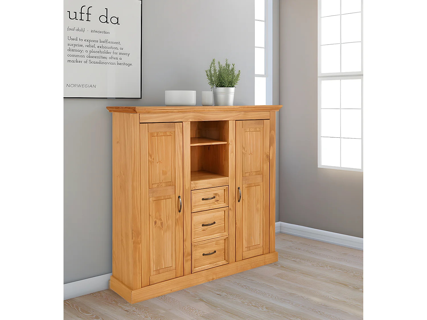 Selma|Armoire avec 2 portes vitrées et 3 tiroirs en pin naturel