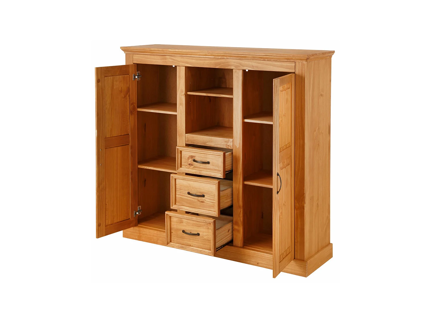 Selma|Armoire avec 2 portes vitrées et 3 tiroirs en pin naturel