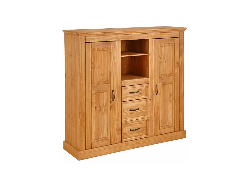 Selma|Armoire avec 2 portes vitrées et 3 tiroirs en pin naturel
