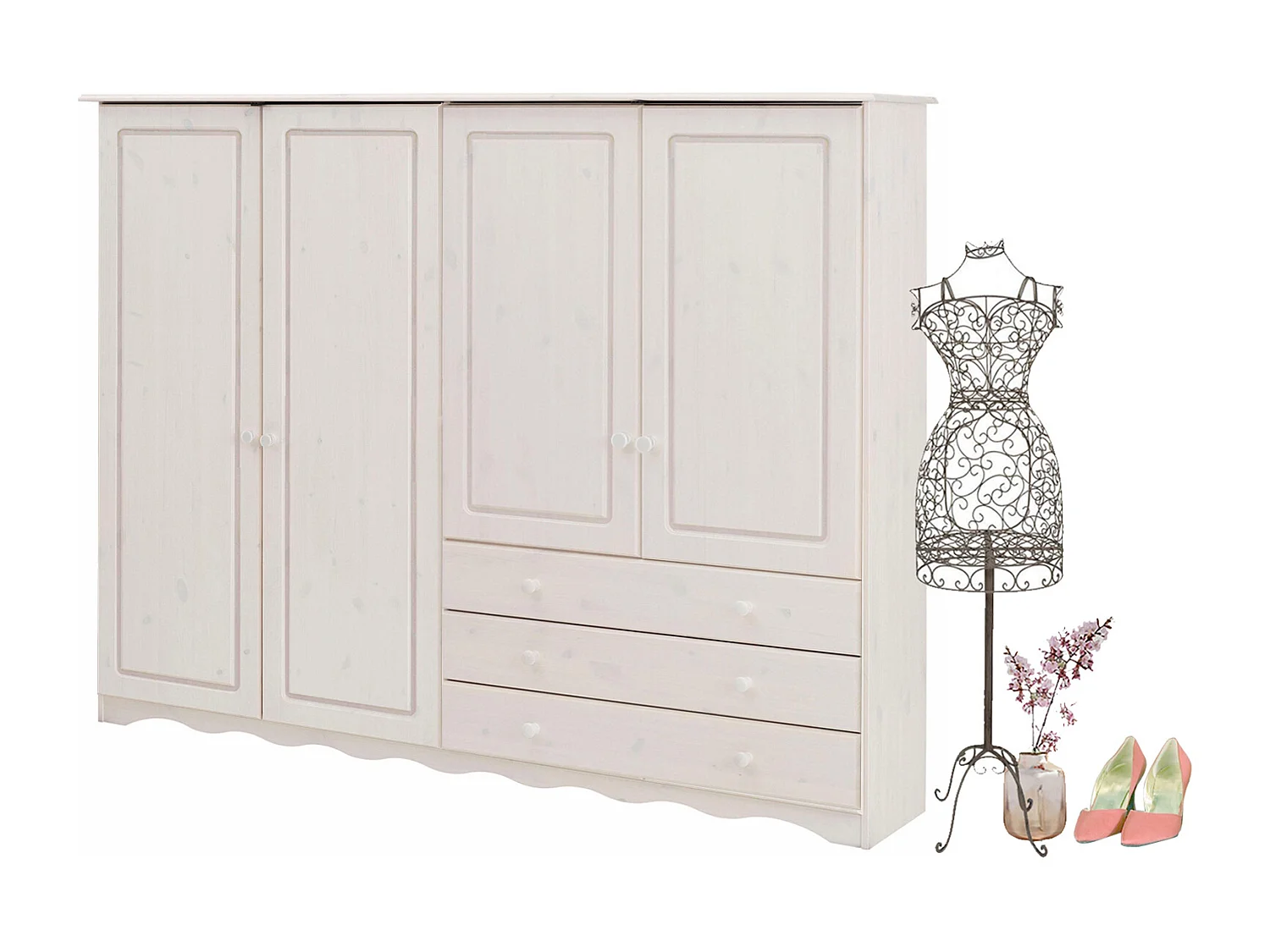 Minik|Armoire à linge 4 portes 3 tiroirs en effet chêne blanc