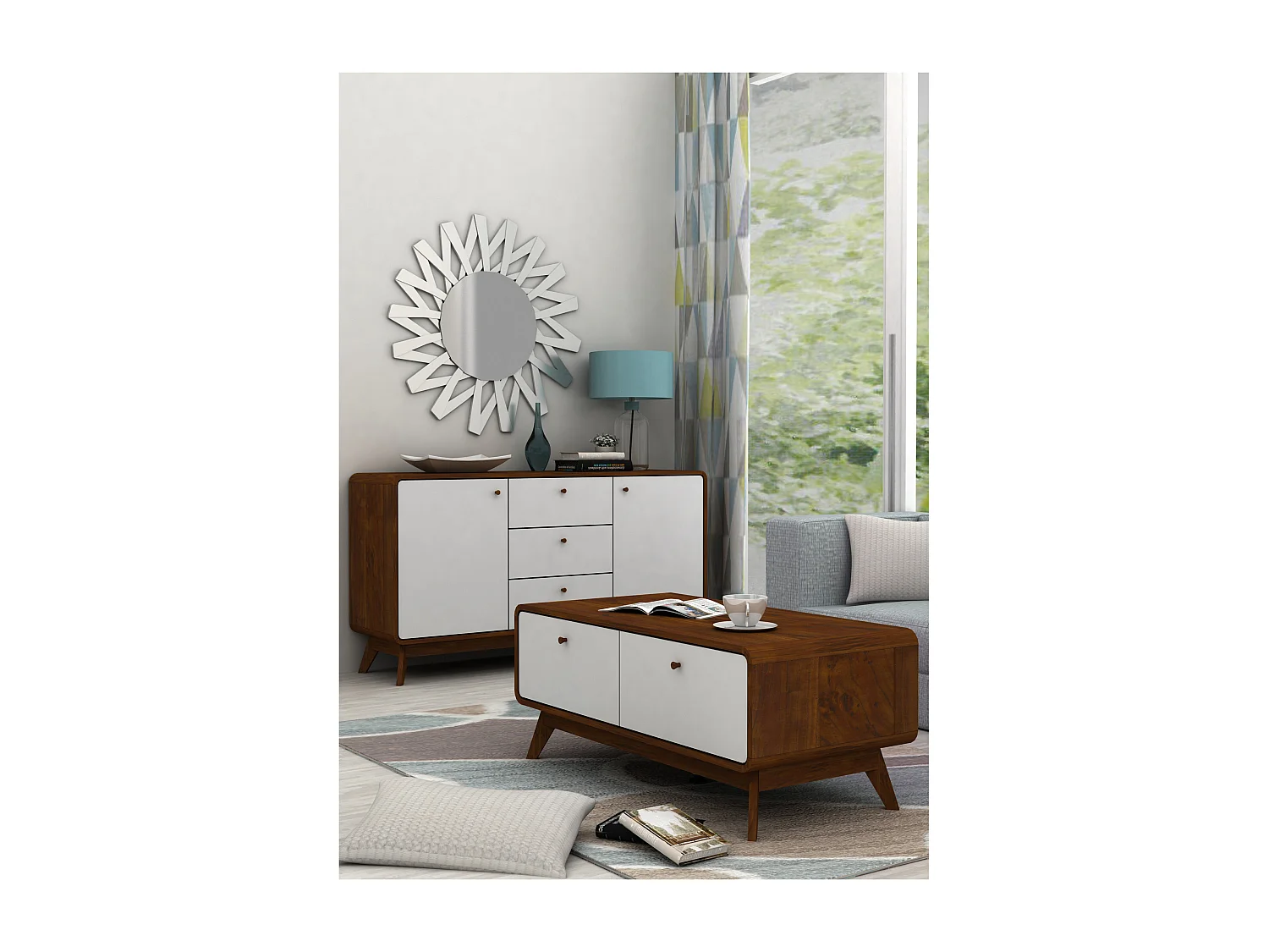 Cassie|Buffet avec 2 portes et 3 tiroirs en effet noyer blanc