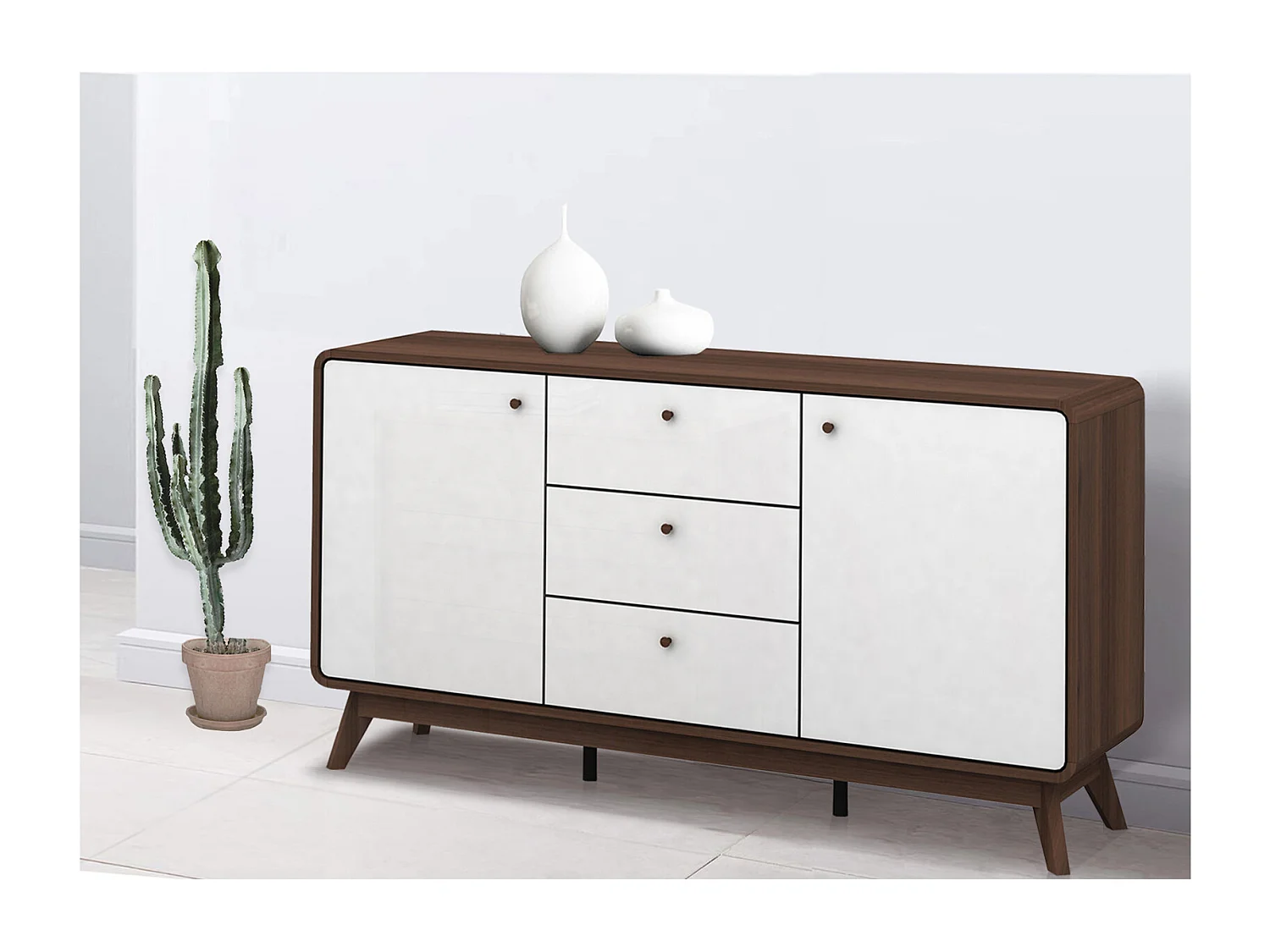 Cassie|Buffet avec 2 portes et 3 tiroirs en effet noyer blanc