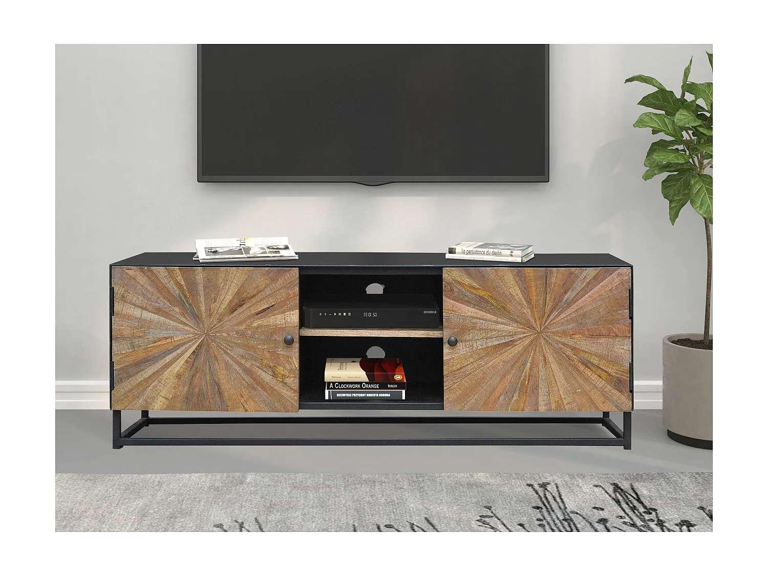 Madira | Meuble TV avec 2 portes en bois de manguier / métal noir