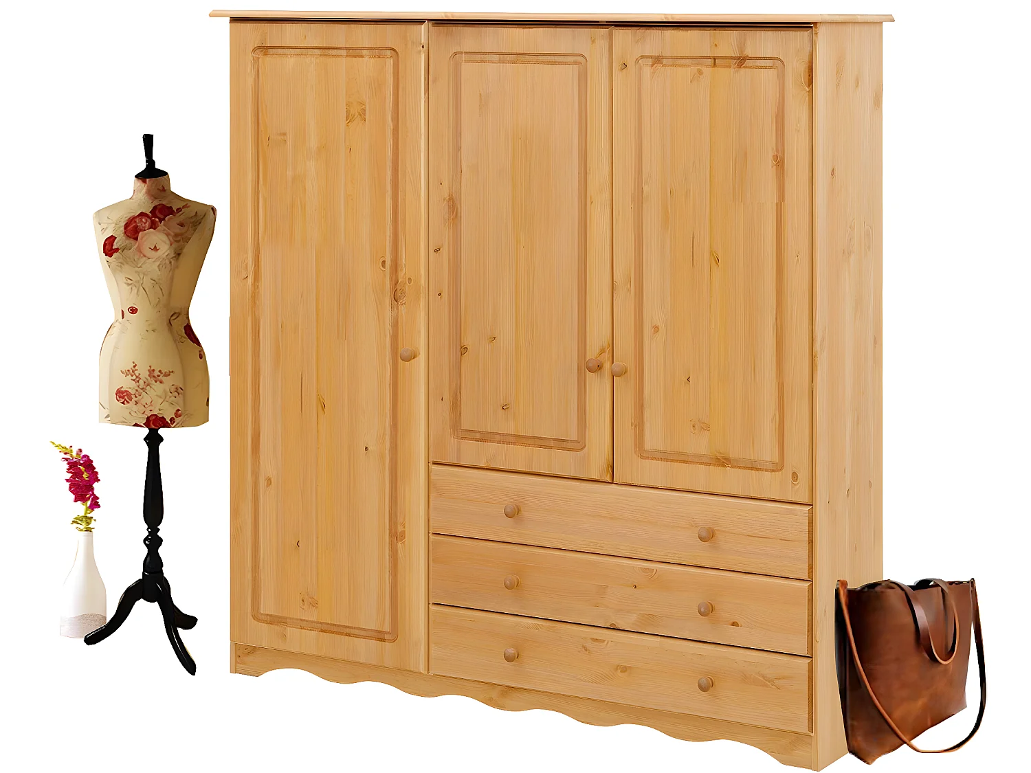 Minik|Armoire avec 3 portes et 3 tiroirs en pin naturel