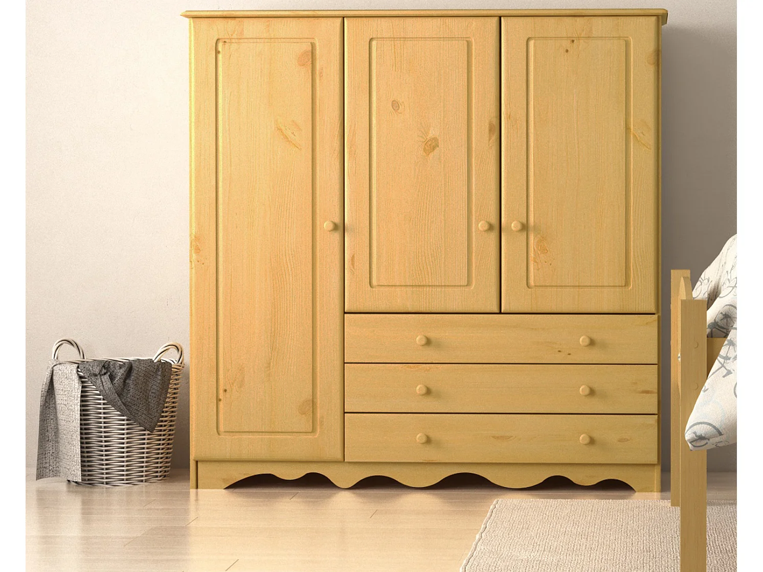 Minik|Armoire avec 3 portes et 3 tiroirs en pin naturel