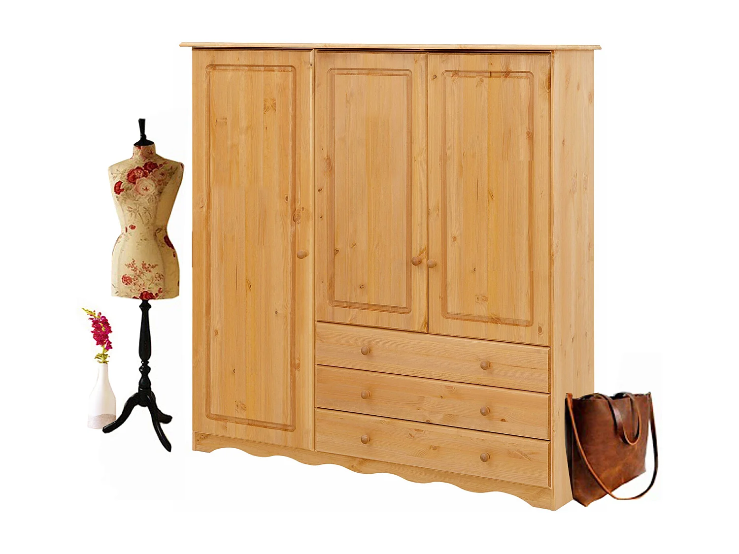 Minik|Armoire avec 3 portes et 3 tiroirs en pin naturel